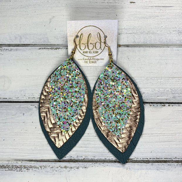 GINGER - Leather Earrings  ||  MERMAID MAGIC GLITTER (FAUX LEATHER), <BR> METALLIC ROSE GOLD BRAIDED,<BR> MATTE SPRUCE GREEN