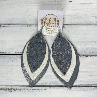 GINGER - Leather Earrings  ||  GRAY STINGRAY, <BR> PEARL WHITE,<BR> SHIMMER GRAY