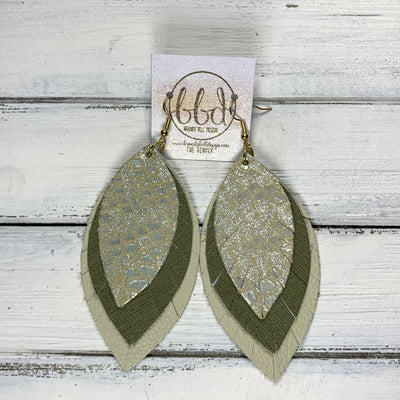 GINGER - Leather Earrings  ||  IVORY MYSTIC, <BR> OLIVE SAFFIANO,<BR> MATTE IVORY