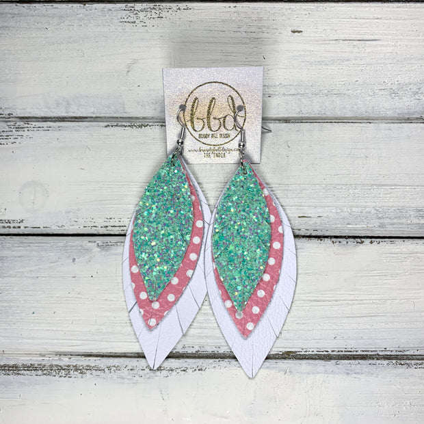 INDIA - Leather Earrings   ||  <BR>  AQUA MINT GLITTER (FAUX LEATHER),  <BR> PINK WITH WHITE POLKADOTS,  <BR> MATTE WHITE