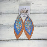 INDIA - Leather Earrings   ||  <BR>  PEACHES & CREAM GLITTER (FAUX LEATHER),  <BR> MATTE CAROLINA BLUE,  <BR> CORAL PANAMA WEAVE