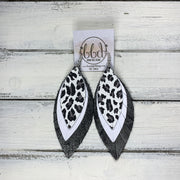 INDIA - Leather Earrings   ||  <BR>  GRAY & WHITE CHEETAH PRINT,  <BR> MATTE WHITE,  <BR> DISTRESSED SILVER ON BLACK
