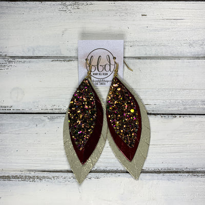 INDIA - Leather Earrings   ||  <BR>  AUTUMN HARVEST GLITTER (FAUX LEATHER),  <BR> METALLIC CRANBERRY SMOOTH,  <BR> SHIMMER GOLD
