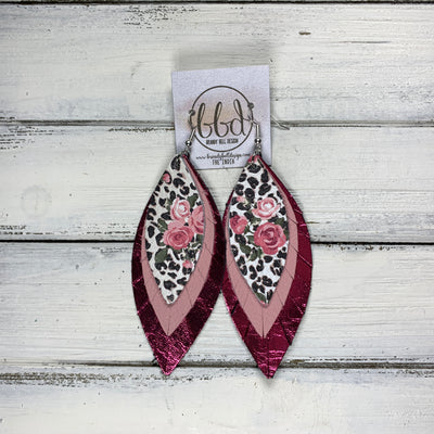 INDIA - Leather Earrings   ||  <BR>  PINK FLORAL CHEETAH,  <BR> MATTE LIGHT PINK,  <BR> METALLIC PINK
