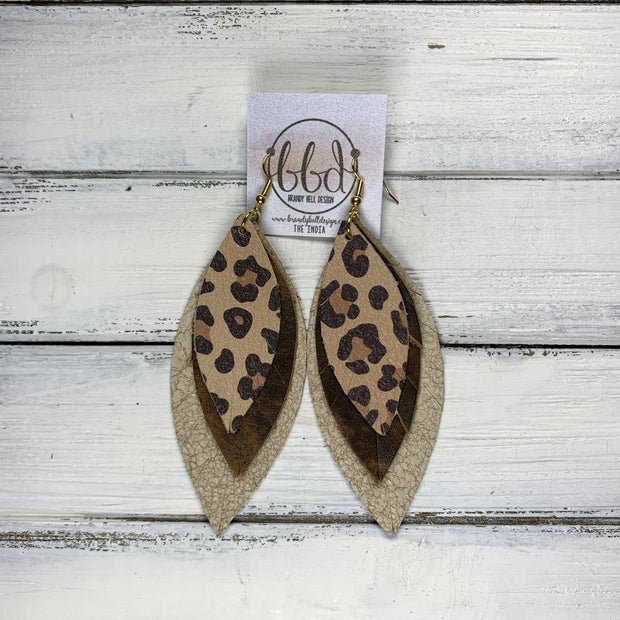 INDIA - Leather Earrings   ||  <BR>  CARAMEL CHEETAH,  <BR> DISTRESSED BROWN,  <BR> MATTE CRACKLE IVORY