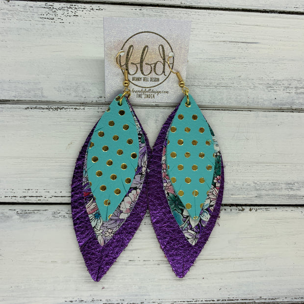INDIA - Leather Earrings   ||  <BR>  AQUA WITH GOLD POLKADOTS,  <BR> PURPLE & GREEN FLORAL,  <BR> METALLIC PURPLE PEBBLED