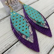 INDIA - Leather Earrings   ||  <BR>  AQUA WITH GOLD POLKADOTS,  <BR> PURPLE & GREEN FLORAL,  <BR> METALLIC PURPLE PEBBLED