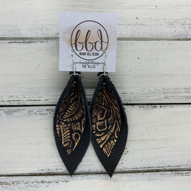 ALLIE -  Leather Earrings  ||  <BR> METALLIC ROSE GOLD ON BLACK WESTERN FLORAL, <BR> MATTE BLACK