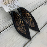 ALLIE -  Leather Earrings  ||  <BR> METALLIC ROSE GOLD ON BLACK WESTERN FLORAL, <BR> MATTE BLACK