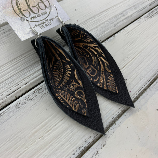 ALLIE -  Leather Earrings  ||  <BR> METALLIC ROSE GOLD ON BLACK WESTERN FLORAL, <BR> MATTE BLACK