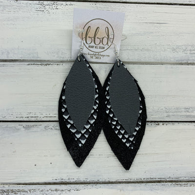 INDIA - Leather Earrings   ||  <BR>  MATTE DARK GRAY,  <BR> BLACK & WHITE MERMAID SCALES, <BR> SHIMMER BLACK