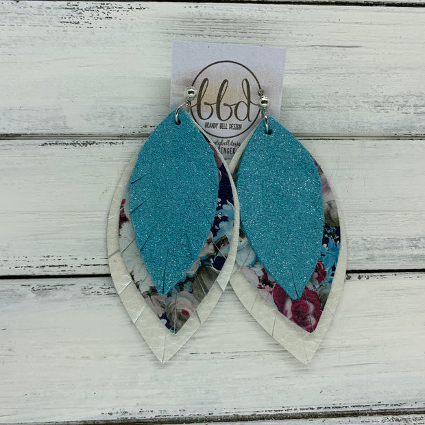 GINGER - Leather Earrings  ||  <BR>  SHIMMER AQUA BLUE, <BR> VINTAGE FLORAL,  <BR> PEARL WHITE