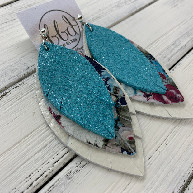 GINGER - Leather Earrings  ||  <BR>  SHIMMER AQUA BLUE, <BR> VINTAGE FLORAL,  <BR> PEARL WHITE