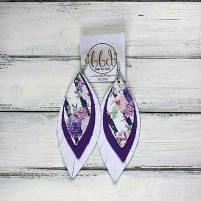 INDIA - Leather Earrings   ||  <BR>  LAVENDER FLORAL STRIPE,  <BR> MATTE PURPLE ,  <BR> MATTE WHITE