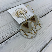 TRIXIE - Leather Earrings  ||    <BR> GOLD TRIANGLE, <BR> SHIMMER GOLD,  <BR> WHITE WITH GOLD ACCENTS