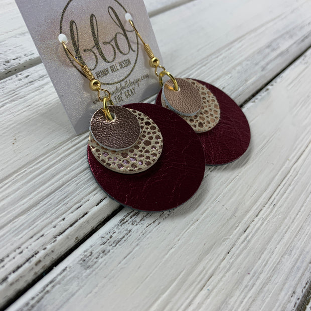 GRAY - Leather Earrings  ||    <BR> METALLIC ROSE GOLD SMOOTH, <BR> METALLIC ROSE GOLD DRIPS,  <BR> METALLIC CRANBERRY SMOOTH