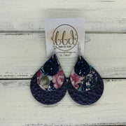 LINDSEY - Leather Earrings  ||   <BR>  NAVY GLITTER (FAUX LEATHER), <BR> VINTAGE FLORAL,  <BR> METALLIC NAVY PEBBLED
