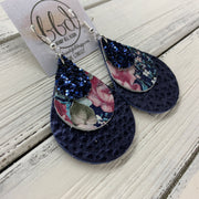 LINDSEY - Leather Earrings  ||   <BR>  NAVY GLITTER (FAUX LEATHER), <BR> VINTAGE FLORAL,  <BR> METALLIC NAVY PEBBLED