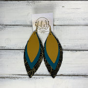 INDIA - Leather Earrings   ||  <BR> MATTE MUSTARD,  <BR> MATTE DARK TEAL,  <BR> METALLIC GOLD & BLACK CHINESE FAN