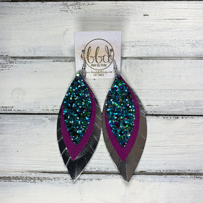 INDIA - Leather Earrings   ||  <BR> UNDER THE SEA GLITTER (FAUX LEATHER),  <BR> MATTE MAGENTA,  <BR> METALLIC SILVER SMOOTH