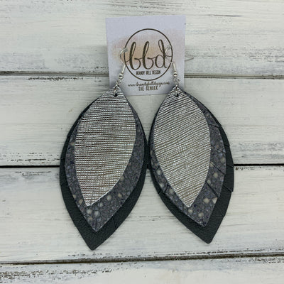 GINGER - Leather Earrings  ||  <BR>  METALLIC SILVER SAFFIANO, <BR>GRAY STINGRAY,  <BR> MATTE DARK GRAY