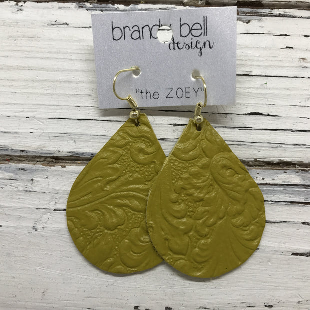 ZOEY (3 sizes available!) -  Leather Earrings  || DARK YELLOW WITH EMBOSSED FLORAL
