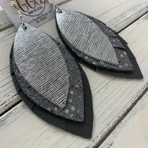 GINGER - Leather Earrings  ||  <BR>  METALLIC SILVER SAFFIANO, <BR>GRAY STINGRAY,  <BR> MATTE DARK GRAY
