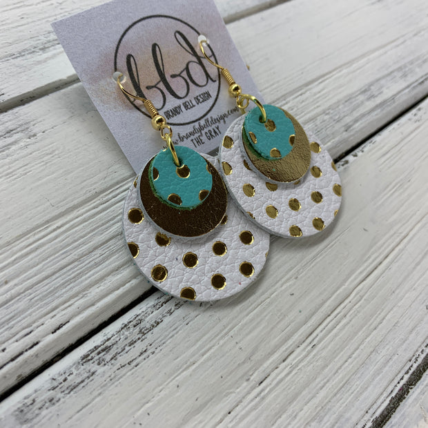 GRAY - Leather Earrings  ||    <BR> AQUA WITH GOLD POLKADOTS, <BR> METALLIC GOLD,  <BR> WHITE WITH GOLD POLKADOTS