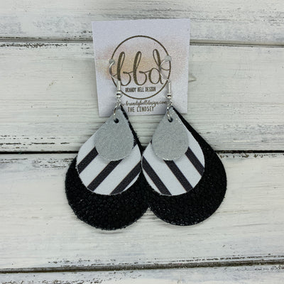 LINDSEY - Leather Earrings  ||   <BR>  SHIMMER SILVER, <BR> BLACK & WHITE STRIPES,  <BR> BLACK WITH GLOSS DOTS