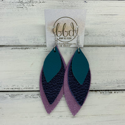 DOROTHY - Leather Earrings  ||  <BR> MATTE DARK TEAL,  <BR> METALLIC NAVY PEBBLED, <BR> SHIMMER LILAC