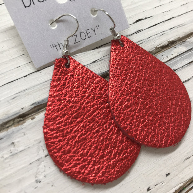 ZOEY (3 sizes available!) -  Leather Earrings  || METALLIC BRIGHT RED TEXTURE