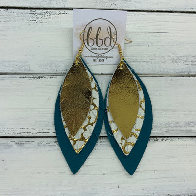 INDIA - Leather Earrings   ||  <BR>  METALLIC GOLD SMOOTH,  <BR> WHITE WITH METALLIC GOLD ACCENT,  <BR> MATTE DARK TEAL