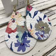 ZOEY (3 sizes available!) -  Leather Earrings  || COBALT BLUE FLORAL ON WHITE