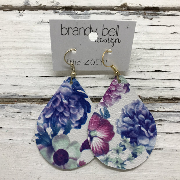 ZOEY (3 sizes available!) -  Leather Earrings  || BLUE/PURPLE FLORAL ON WHITE