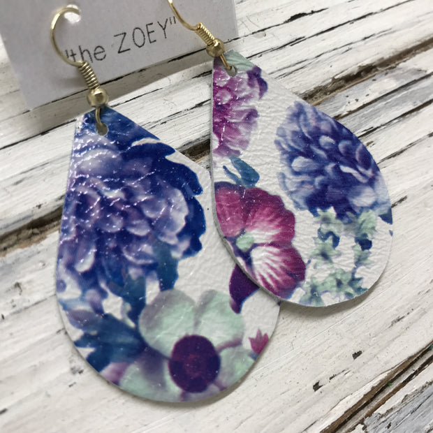 ZOEY (3 sizes available!) -  Leather Earrings  || BLUE/PURPLE FLORAL ON WHITE