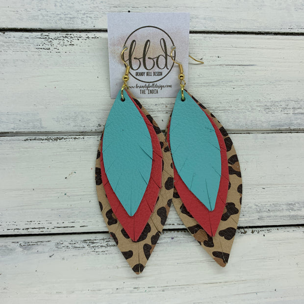 INDIA - Leather Earrings   ||  <BR>  MATTE ROBINS EGG BLUE,  <BR> MATTE CORAL/PINK,  <BR> CARAMEL CHEETAH