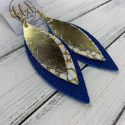 INDIA - Leather Earrings   ||  <BR>  METALLIC GOLD SMOOTH,  <BR> WHITE WITH METALLIC GOLD ACCENTS,  <BR> MATTE COBALT BLUE