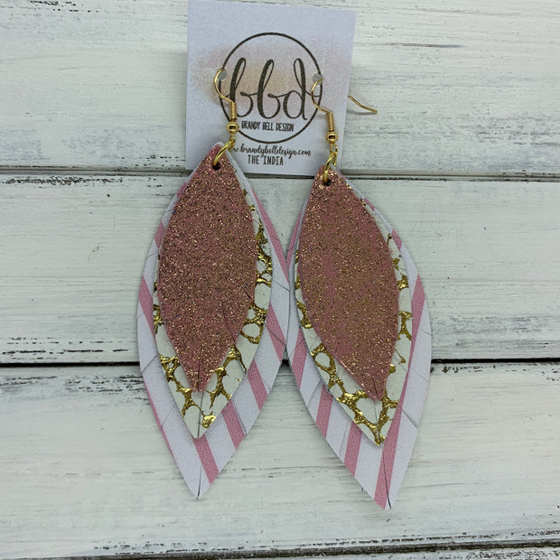 INDIA - Leather Earrings   ||  <BR>  SHIMMER VINTAGE PINK,  <BR> WHITE WITH METALLIC GOLD ACCENTS,  <BR> PINK & WHITE STRIPES