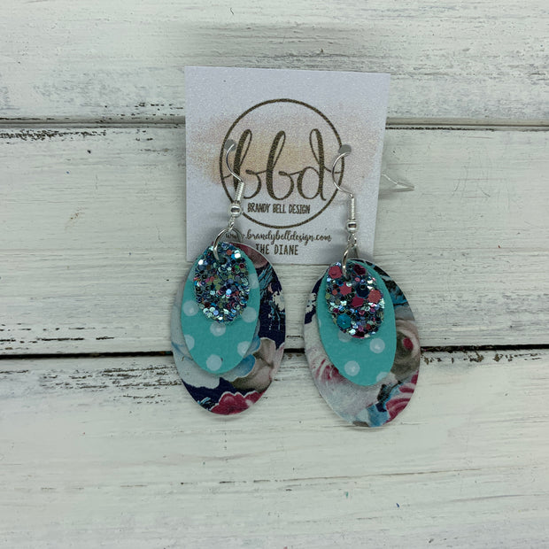 DIANE - Leather Earrings  ||    <BR> MERMAID GLITTER (NOT REAL LEATHER) , <BR> AQUA WITH WHITE POLKADOTS, <BR> VINTAGE FLORAL