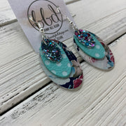DIANE - Leather Earrings  ||    <BR> MERMAID GLITTER (NOT REAL LEATHER) , <BR> AQUA WITH WHITE POLKADOTS, <BR> VINTAGE FLORAL