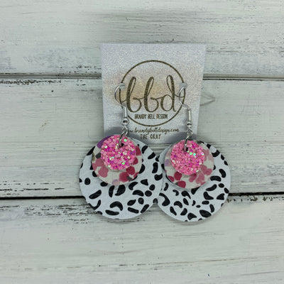 GRAY - Leather Earrings  ||    <BR> BUBBLEGUM PINK GLITTER (FAUX LEATHER), <BR> MINI PINK FLORAL ON WHITE,  <BR> BLACK & WHITE CHEETAH PRINT