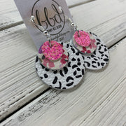 GRAY - Leather Earrings  ||    <BR> BUBBLEGUM PINK GLITTER (FAUX LEATHER), <BR> MINI PINK FLORAL ON WHITE,  <BR> BLACK & WHITE CHEETAH PRINT