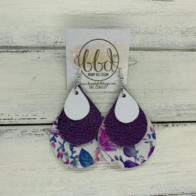 LINDSEY - Leather Earrings  ||   <BR>  MATTE WHITE, <BR> METALLIC PURPLE PEBBLED,  <BR> PURPLE & BLUE FLROAL