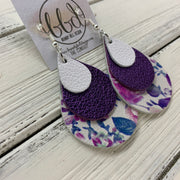 LINDSEY - Leather Earrings  ||   <BR>  MATTE WHITE, <BR> METALLIC PURPLE PEBBLED,  <BR> PURPLE & BLUE FLROAL