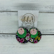 GRAY - Leather Earrings  ||    <BR> BALLET SLIPPER GLITTER (FAUX LEATHER), <BR> METALLIC GREEN PEBBLED,  <BR> MINI PINK & PURPLE FLORAL ON BLACK