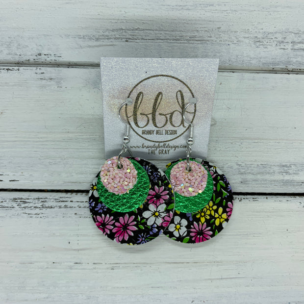 GRAY - Leather Earrings  ||    <BR> BALLET SLIPPER GLITTER (FAUX LEATHER), <BR> METALLIC GREEN PEBBLED,  <BR> MINI PINK & PURPLE FLORAL ON BLACK