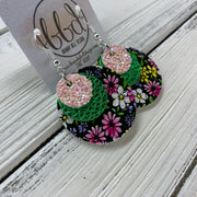 GRAY - Leather Earrings  ||    <BR> BALLET SLIPPER GLITTER (FAUX LEATHER), <BR> METALLIC GREEN PEBBLED,  <BR> MINI PINK & PURPLE FLORAL ON BLACK