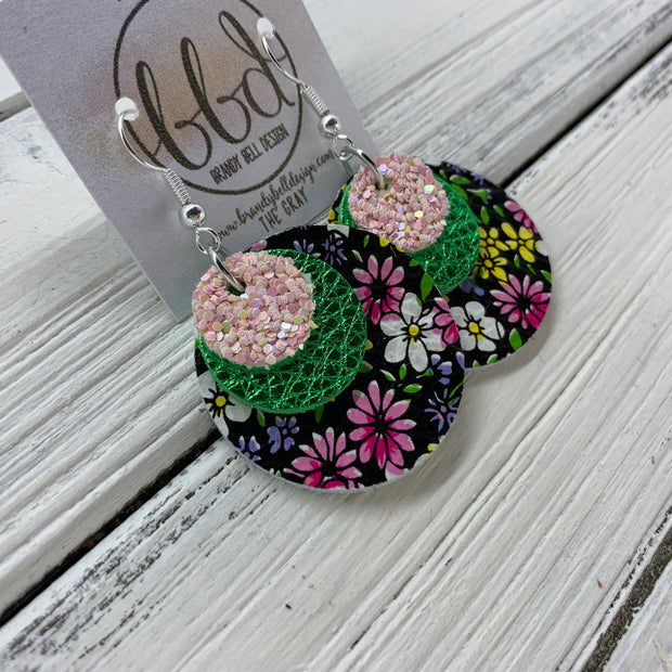 GRAY - Leather Earrings  ||    <BR> BALLET SLIPPER GLITTER (FAUX LEATHER), <BR> METALLIC GREEN PEBBLED,  <BR> MINI PINK & PURPLE FLORAL ON BLACK