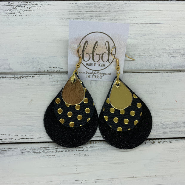 LINDSEY - Leather Earrings  ||   <BR>  METALLIC GOLD SMOOTH, <BR> METALLIC GOLD POLKADOTS ON BLACK,  <BR> BLACK GLOSS DOTS