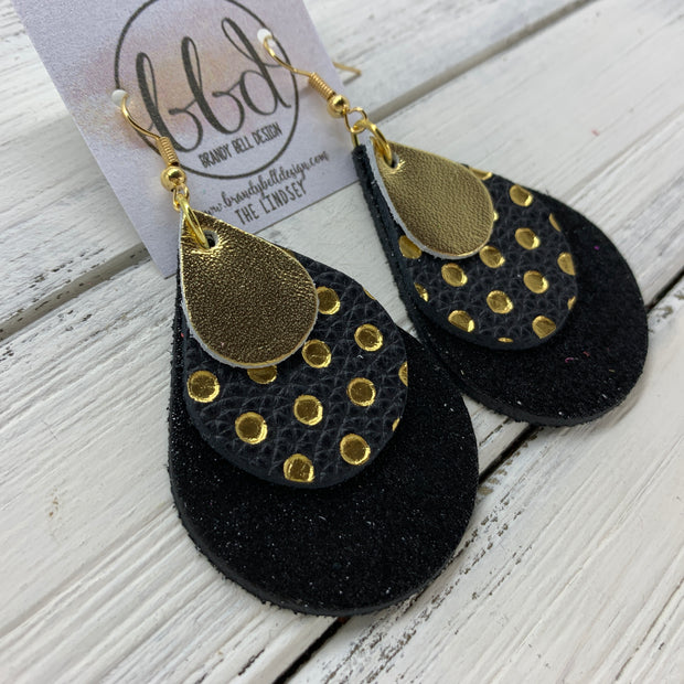 LINDSEY - Leather Earrings  ||   <BR>  METALLIC GOLD SMOOTH, <BR> METALLIC GOLD POLKADOTS ON BLACK,  <BR> BLACK GLOSS DOTS